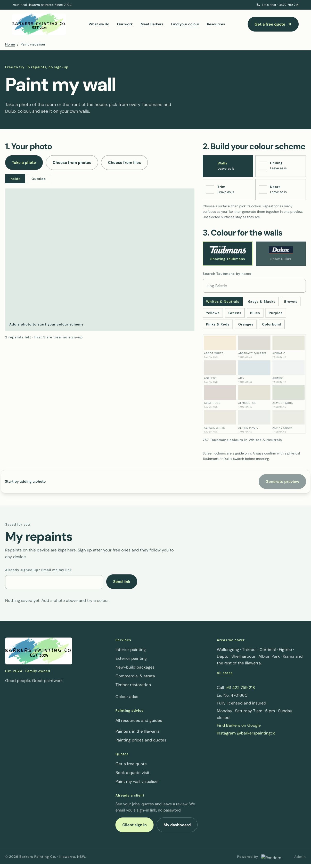 The actual Barkers Paint My Wall visualiser, with photo upload and paint colour selection.